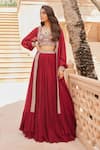 Buy_Sana Barreja_Red Georgette Hand Embroidered Floral Aamirah Jacket Lehenga Set _at_Aza_Fashions