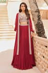 Sana Barreja_Red Georgette Hand Embroidered Floral Aamirah Jacket Lehenga Set _Online_at_Aza_Fashions