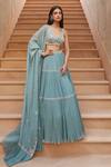 Buy_Sana Barreja_Blue Georgette, Lining Shantoon Floral Motifs V Neck Samia Tiered Lehenga Set_Online_at_Aza_Fashions
