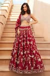 Buy_Sana Barreja_Red Chanderi Silk Printed Magnolia V Neck Aliza Lehenga Set _at_Aza_Fashions