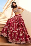 Sana Barreja_Red Chanderi Silk Printed Magnolia V Neck Aliza Lehenga Set _Online_at_Aza_Fashions