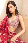 Sana Barreja_Red Chanderi Silk Printed Magnolia V Neck Aliza Lehenga Set _at_Aza_Fashions