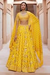 Buy_Sana Barreja_Yellow Chanderi Silk Rubamni Floral Print Lehenga Set_at_Aza_Fashions