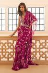 Buy_Sana Barreja_Fuchsia Georgette Printed Magnolia V Zoya Ruffle Pre-draped Saree Set  _Online_at_Aza_Fashions