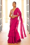 Buy_Sana Barreja_Fuchsia Silk Chiffon Hand Irfat Pre-draped Saree With Blouse  _at_Aza_Fashions