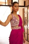 Buy_Sana Barreja_Fuchsia Silk Chiffon Hand Irfat Pre-draped Saree With Blouse  _Online_at_Aza_Fashions