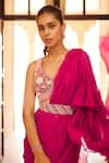 Shop_Sana Barreja_Fuchsia Silk Chiffon Hand Irfat Pre-draped Saree With Blouse  _Online_at_Aza_Fashions