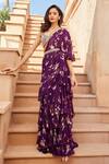 Buy_Sana Barreja_Purple Georgette Magnolia V Neck Nargis Printed Ruffle Pre-draped Saree Set_at_Aza_Fashions