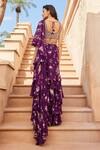 Shop_Sana Barreja_Purple Georgette Magnolia V Neck Nargis Printed Ruffle Pre-draped Saree Set_at_Aza_Fashions