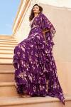 Buy_Sana Barreja_Purple Georgette Magnolia V Neck Nargis Printed Ruffle Pre-draped Saree Set_Online_at_Aza_Fashions
