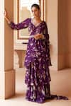 Buy_Sana Barreja_Purple Georgette Magnolia V Neck Farisha Printed Ruffle Pre-draped Saree Set_at_Aza_Fashions