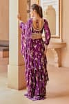 Shop_Sana Barreja_Purple Georgette Magnolia V Neck Farisha Printed Ruffle Pre-draped Saree Set_at_Aza_Fashions