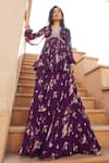Buy_Sana Barreja_Purple Georgette Magnolia V Neck Aaira Printed Peplum And Sharara Set _at_Aza_Fashions