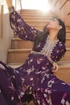 Sana Barreja_Purple Georgette Magnolia V Neck Aaira Printed Peplum And Sharara Set _Online_at_Aza_Fashions