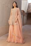 Buy_Sana Barreja_Peach Net, Lining Crepe Floral Motifs V Ruhee Embroidered Jacket Gharara Set _at_Aza_Fashions