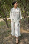 Buy_Arcvsh By Pallavi Singh_Ivory Linen Floral, Bead Round Printed Top And Pant Set_at_Aza_Fashions