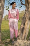 Arcvsh By Pallavi Singh_Pink Linen Plain Round Colorblock Top And Pant Set _Online_at_Aza_Fashions