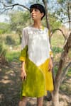 Buy_Arcvsh by Pallavi Singh_Yellow Linen Plain Peter Pan Collar Colorblock Tunic  _Online_at_Aza_Fashions