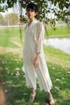 Shop_Arcvsh by Pallavi Singh_Ivory Slub Cotton Embroidery Floral Jumpsuit V Neck With Jacket _Online_at_Aza_Fashions