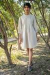 Buy_Arcvsh By Pallavi Singh_Grey Gauze Linen Plain Round Puffed Sleeve Pleated Dress _at_Aza_Fashions