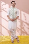 Buy_Kora By Nilesh Mitesh_Cream Rayon Embroidered Mirror Work Tie Dye Print Bundi With Kurta Set _at_Aza_Fashions