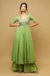 Buy_Ahi Clothing_Green Organza Embroidery Moti Sweetheart Neck Anarkali And Palazzo Set _at_Aza_Fashions