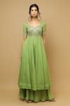 Ahi Clothing_Green Organza Embroidery Moti Sweetheart Neck Anarkali And Palazzo Set _Online_at_Aza_Fashions