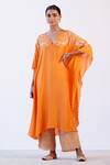 Buy_Devnaagri_Orange Muslin And Shantoon Embroidered Dori V Neck Kaftan & Palazzo Set _at_Aza_Fashions