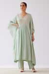 Buy_Devnaagri_Green Muslin Embroidered Dori V Neck Kaftan And Palazzo Set _at_Aza_Fashions