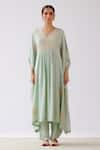 Devnaagri_Green Muslin Embroidered Dori V Neck Kaftan And Palazzo Set _Online_at_Aza_Fashions