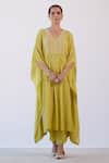 Buy_Devnaagri_Green Muslin Embroidered Dori V Neck Kaftan And Palazzo Set _at_Aza_Fashions