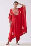 Buy_Devnaagri_Red Muslin Embroidered Dori V Neck Kaftan And Palazzo Set _at_Aza_Fashions