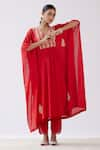 Devnaagri_Red Muslin Embroidered Dori V Neck Kaftan And Palazzo Set _Online_at_Aza_Fashions