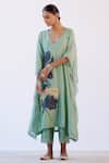 Devnaagri_Green Chanderi And Shantoon Hand Painted Floral Blunt V Neck Kaftan & Palazzo Set _Online_at_Aza_Fashions