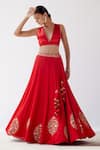 Shop_Devnaagri_Red Gajji Silk Embroidered Sequins Plunge V Neck Floral Lehenga Set _at_Aza_Fashions