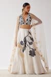 Buy_Devnaagri_Ivory Chanderi Hand Painted Floral Plunge V Neck Lehenga Set _Online_at_Aza_Fashions