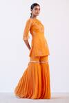 Devnaagri_Orange Linen Satin And Organza Dori, Sequins Round Embroidered Kurta Sharara Set_Online_at_Aza_Fashions