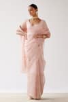 Buy_Devnaagri_Pink Silk Organza And Chanderi Embroidered Sequin Blunt V Neck Saree With Blouse _at_Aza_Fashions