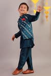 Buy_LIL DRAMA_Blue Polyester Jamawar Woven Floral Bundi And Kurta Set _at_Aza_Fashions