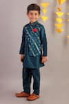 LIL DRAMA_Blue Polyester Jamawar Woven Floral Bundi And Kurta Set _Online_at_Aza_Fashions