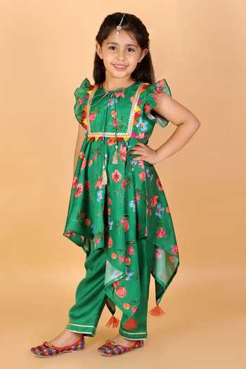 Campana Girls Kaveri Kurta with Dhoti & Dupatta Set - Carnations Print - Pink & Red main image 0