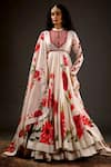 Buy_Rohit Bal_Ivory Chanderi Silk Embroidered Dori Mandarin Collar Printed Anarkali Set _at_Aza_Fashions