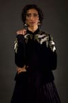 Buy_Rohit Bal_Black Silk Velvet Embroidered Bird Mandarin Collar Short Jacket  _at_Aza_Fashions