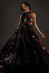 Buy_Rohit Bal_Black Dupion Silk Embroidered Chevron Mandarin Anarkali With Jacket  _at_Aza_Fashions