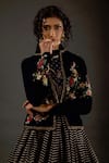 Buy_Rohit Bal_Black Silk Velvet Embroidered Floral Mandarin Collar Short Jacket  _at_Aza_Fashions