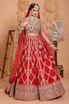 Buy_mehar_Red Net Embroidery Floral Notched Bridal Lehenga Set _Online_at_Aza_Fashions