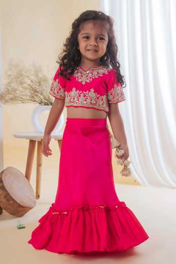 Buy_Lil Angels_Fuchsia Cotton, Silk Sequins, Embroidery Floral Blouse And Lehenga Set _at_Aza_Fashions