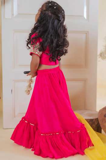 Shop_Lil Angels_Fuchsia Cotton, Silk Sequins, Embroidery Floral Blouse And Lehenga Set _at_Aza_Fashions