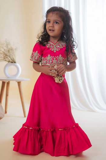 Lil Angels_Fuchsia Cotton, Silk Sequins, Embroidery Floral Blouse And Lehenga Set _Online_at_Aza_Fashions