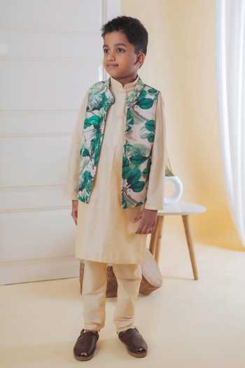 Buy_Lil Angels_Cream Cotton, Silk, Kota Doria Leaf Printed Bundi And Kurta Set _at_Aza_Fashions